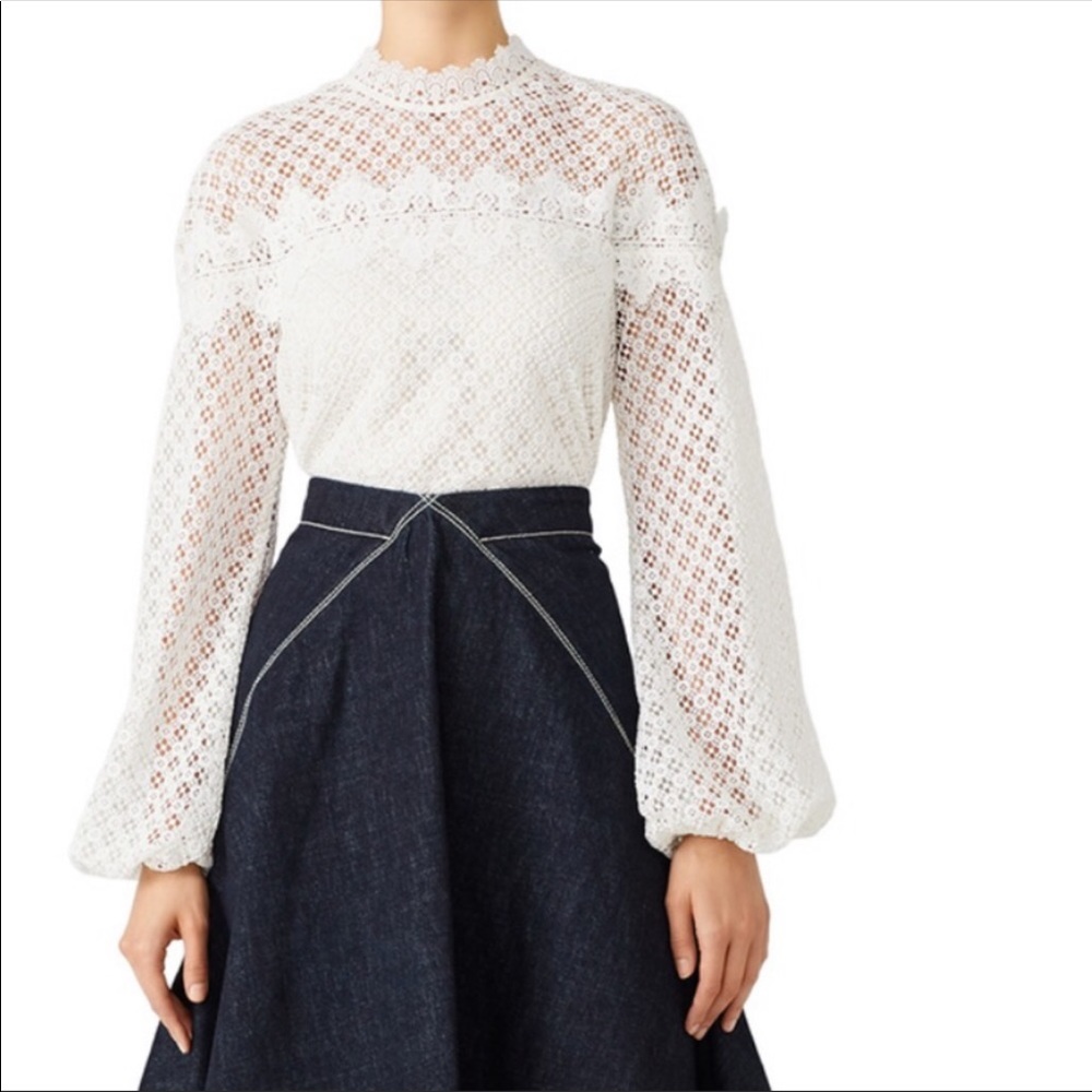 AMUR White Florence Lace Long Sleeve High Mock Neck Blouse
